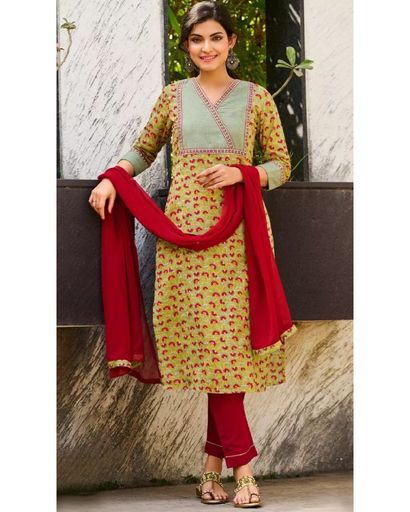 LIGHT GREEN EMBROIDERED COTTON KURTA SET (XXL)