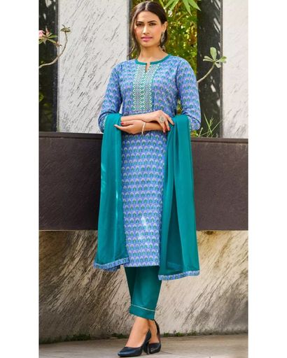 BLUE COTTON EMBROIDERED KURTA SET (XXL)