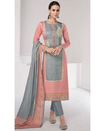 PEACH & GREY EMBROIDERED PRINTED UN-STICHED SUIT 