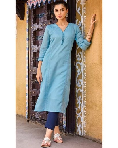 V-NECK SKY BLUE COTTON EMBROIDERED KURTI (L)