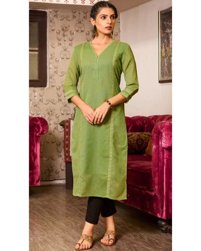 V-NECK OLIVE GREEN EMBROIDERED KURTI (L)