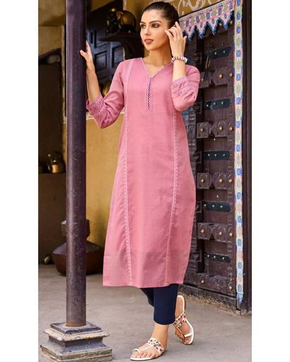 V-NECK ONION PINK EMBROIDERED KURTI (L)