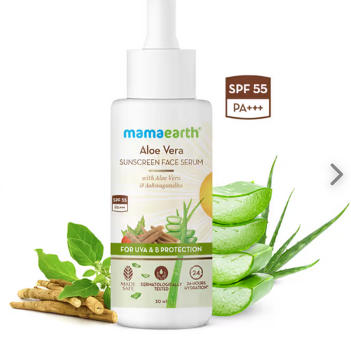 MamaEarth Aloe Vera Sunscreen Face Serum with Aloe Vera & Ashwagandha for UVA & B Protection - 30 ml