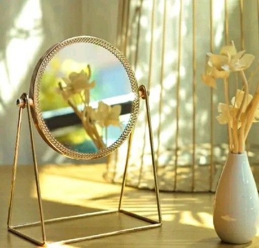 Luxury vintage portable makeup jewellery mirror with stand | 360 degree rotate metal  golden magic unisex makeup mirror |1 pc
