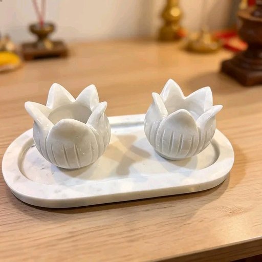 Elegant Marble Lotus Carved Diya Holder with Tray