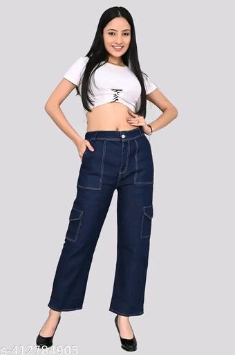 High Rise Studded Cargo Denim Jeans for Women