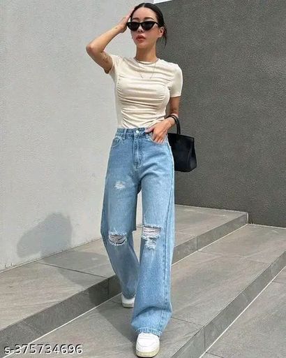 Women's Fashionable Wide Leg Denim Jeans with Bow Detail