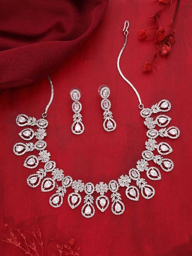 Premium White AD Studded Silver Necklace Set
