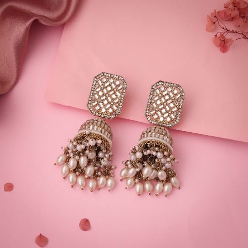 Eternal Elegance Gold Plated Princess Diamond Studded Pearl Beaded Jhumka Earrings