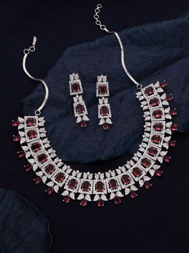 Silver Polish White & Maroon AD Studded Necklace Set