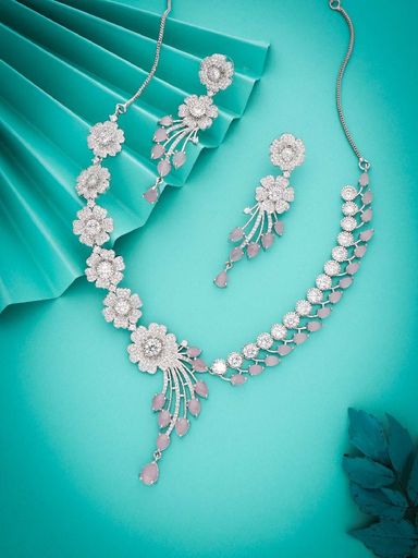 Enchanting Blush Pink Enamel AD Floral Necklace set
