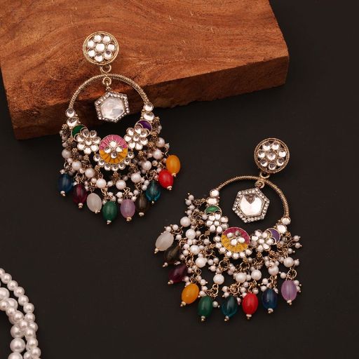 Gold plated Kundan studded Multi Color Pearl dangle handcrafted Ethnic Earrings