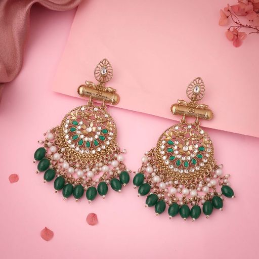 Craftsmanship Elegance Mendi Gold Plated Kundan Stone Green Pearl Studded Dangle Earrings
