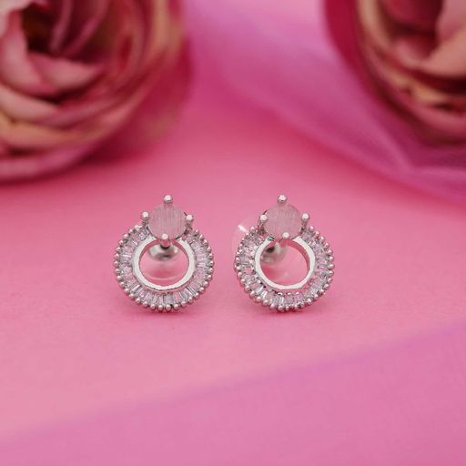 Embellished Silver, Pink & White Color Diamond Stud Earring