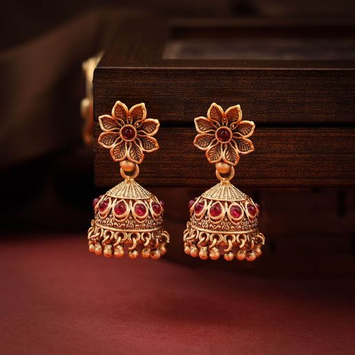 Ornate Gold with Pink Kundan Jhumka Earrings