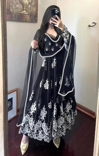 Embroidered Cotton Rayon Stitched Anarkali Gown (Black, White)
