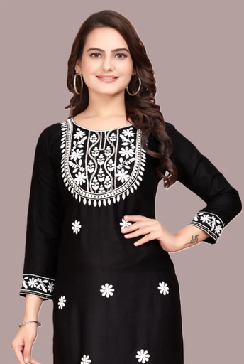 Women's Lakhanavi Daily Wear Rayon Kurti (Black Colour)