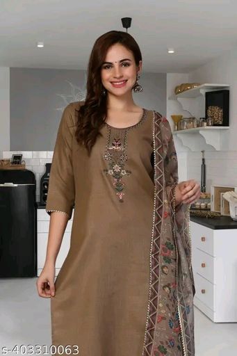 PALLU INDIA Women's Poly Cotton Solid Beige Kurta With Pant & Dupatta