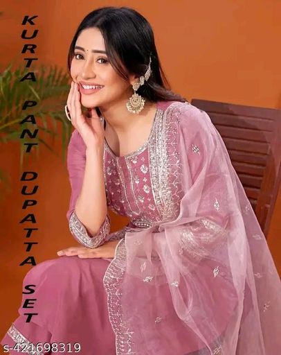 Gajri Color Partywear Kurti Set For Women (Kurta Pant Dupatta Set)