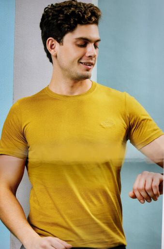 Tisont Men solid Neck cotton Yellow T-shirt 