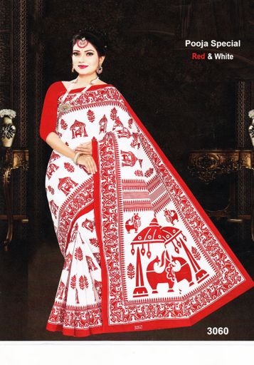 Goenka pooja special printed cotton Garad saree Red & White 