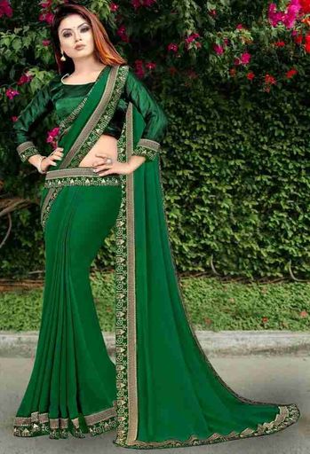 Temple Border Bollywood Lycra Blend, Chiffon Saree (Green, Black)