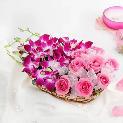 Georgous Purple Orchids & Pink Roses in Basket Arrangement 
