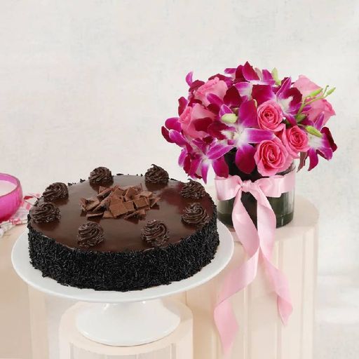Cake with Bunches of Roses and Orchids 