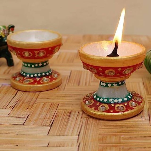 Handmade Marble Decorative Handicraft Natural Made Marble Diya Multicolor- stonefortindia