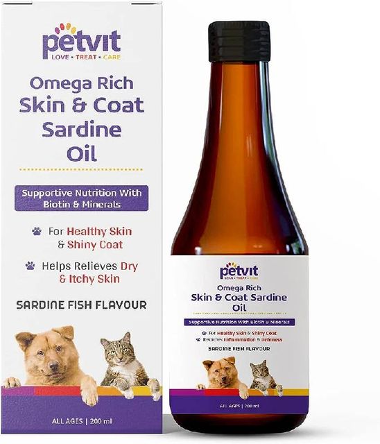 Petvit Omega Rich Skin & Coat Sardine Oil with Omega 3, Omega 6, Vitamin E, Vitamin A, Biotin | for Healthy Skin & Shiny Coat | Sardine Fish Flavour | for All Ages Breed Dogs & Cat – 200ml