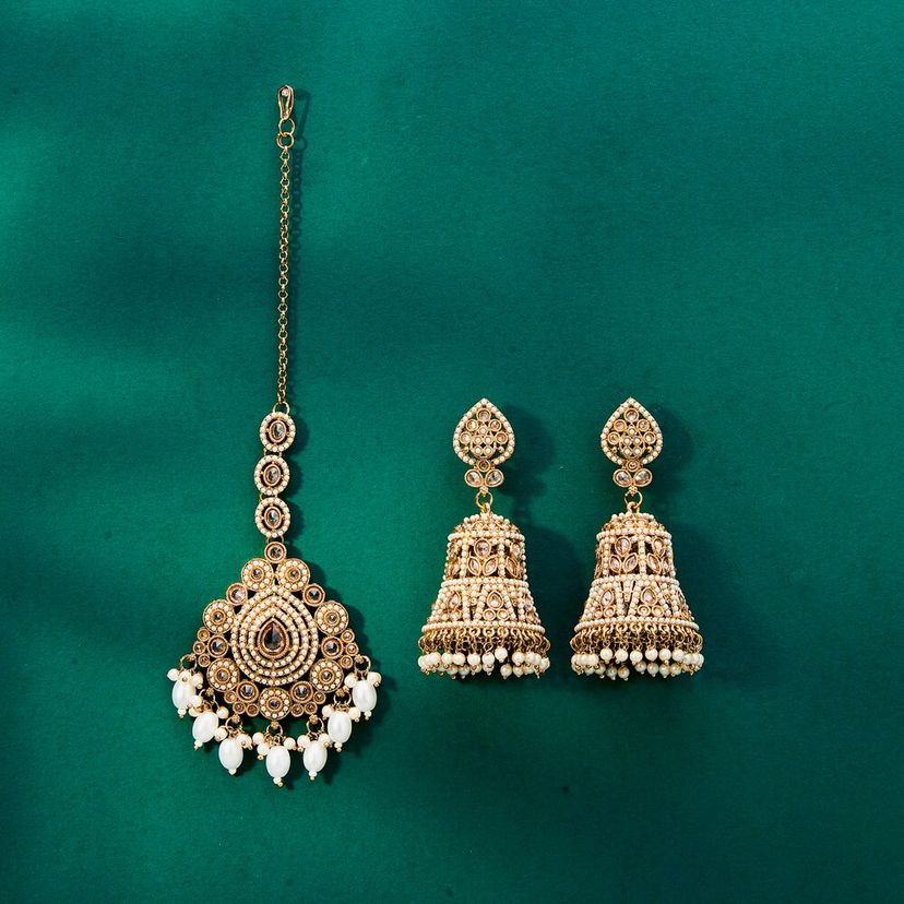 Antique Pearl Adorned Mang Tika and Earrings Ensemble